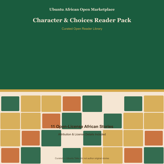 Ubuntu African Open Marketplace Character & Choices Reader Pack digital download cover, 12 open-license African stories