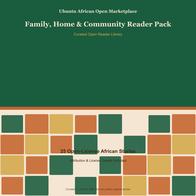 Ubuntu African Open Marketplace Family, Home & Community Reader Pack digital download cover, 25 open-license African stories